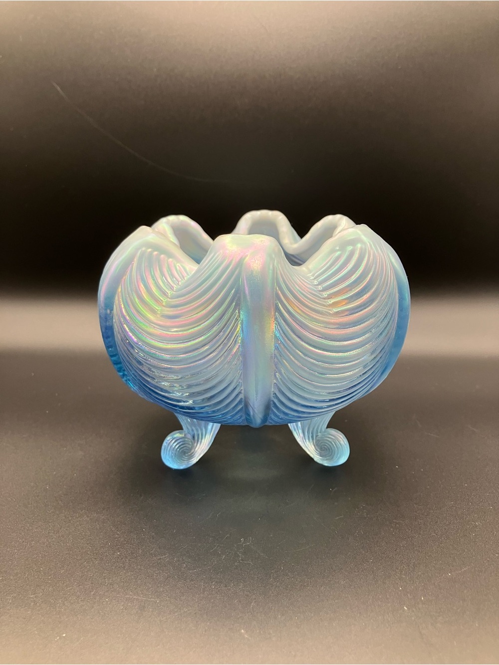 Fenton Blue Opalescent Draped Footed Rose Bowl
